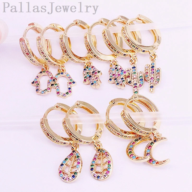 

5Pairs Mix Style Gold filled rainbow CZ zirconia paved hamsa hand/crescent dangle earring, fashion women delicate jewelry