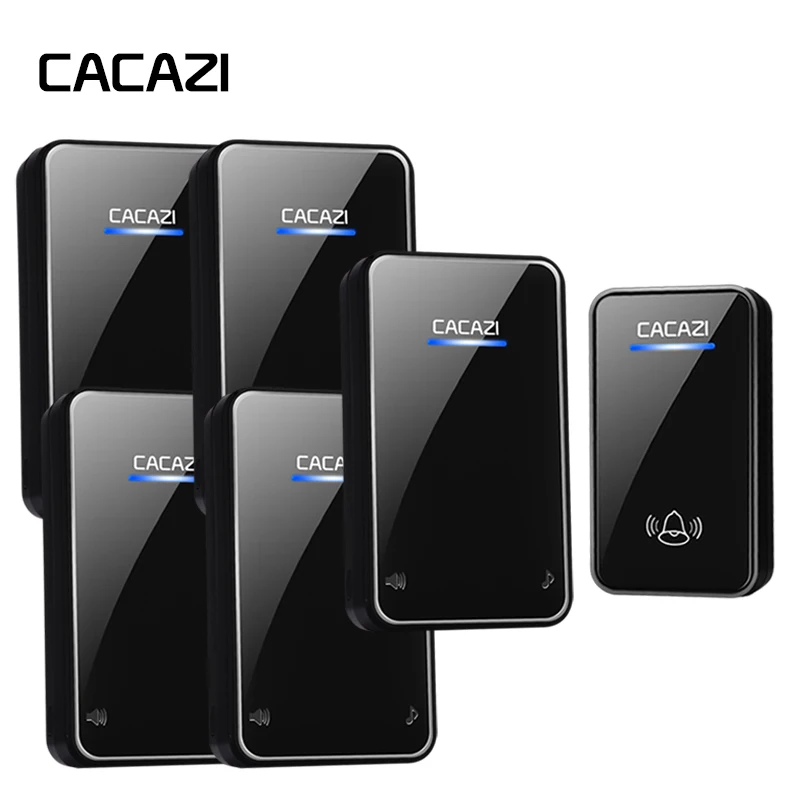 

CACAZI Waterproof Wireless Doorbell LED 1 Battery Button 5 Receiver 300M Remoto US EU UK Plug Home Cordless DoorBell 48 Chimes