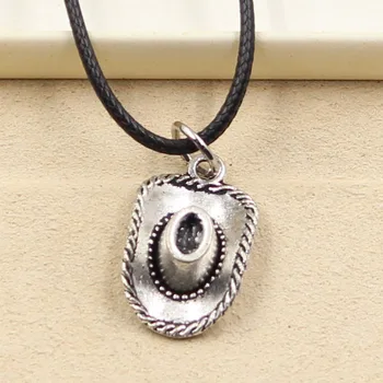 

New Fashion Tibetan Silver Color Pendant Cowboy Hat Necklace Choker Charm Black Leather Cord Factory Price Handmade Jewelry