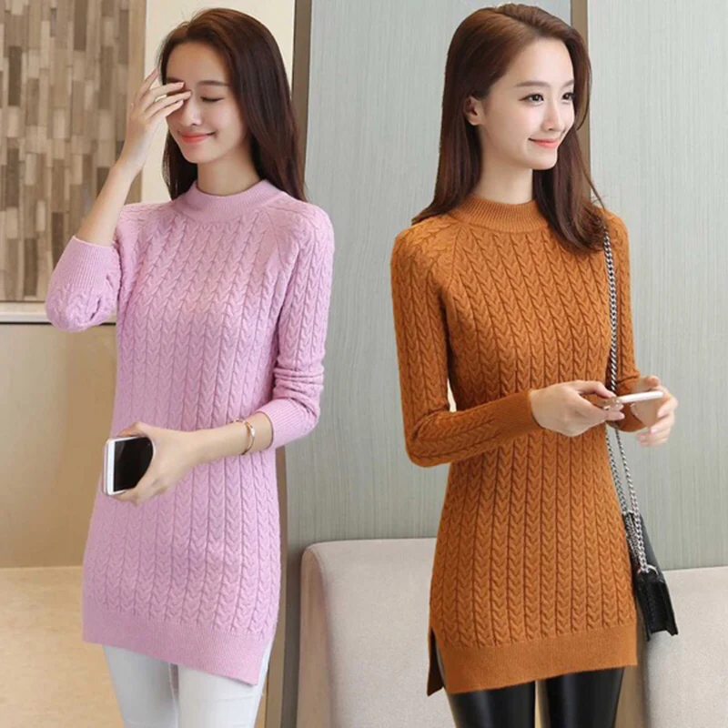 Medium long pullover sweater female spring new loose bag hip bottoming Tops ladies solid color split fork slim knit jacket women