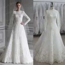 100% Real Photos Hot Sale Wedding Gown A Line Lace Appliqued Full Sleeves Sweep Train Wedding Dresses Long For Women MF633