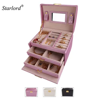 

Starlord Jewelry Storage Box Three Layer With Mirror&Lock PU Leather Display Lockable Travel Jewelry Organizer Gift OB105