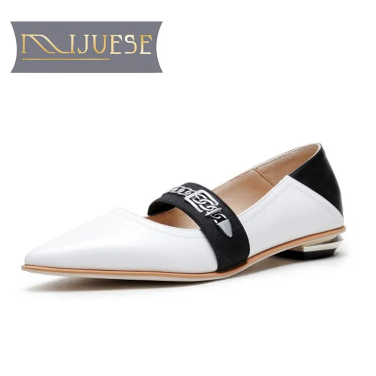 

MLJUESE 2019 women flats Cow leather soft flats Mary Janes white color pointed toe spring autumn comfortable casual flats shoes