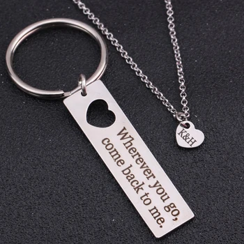 

1 Set Jewelry Key Chain & Necklace For Long Distance Name Customized "Whenever You Go Come Back To Me" Engraved For Couple Gift