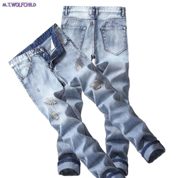 

Good quality 2018 Male jeans mens Distressed hole denim pants patchwork casual straight slim Elasticity mens jeans 28-42