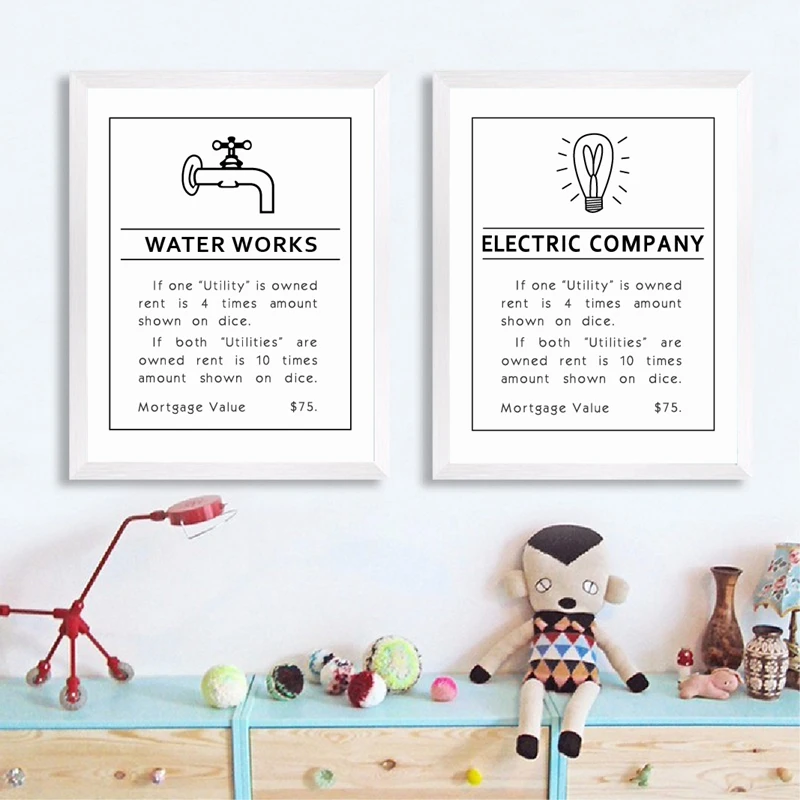 

Monopoly Utilities Property Card Posters Gaming Canvas Painting Wall Pictures Family Board Game Room Prints Wall Art Decor