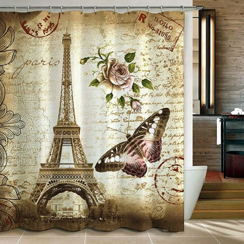 Fashion Paris Butterfly & Rose & Eiffel Tower Shower Curtains Bathroom