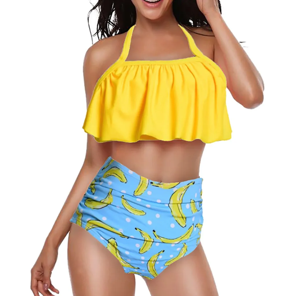 

2019 Summer Modern Lady Women Two Piece Plus Size Sexy Backless Halter Floral Printed Soft Elegant Draw down age Swimwear Set