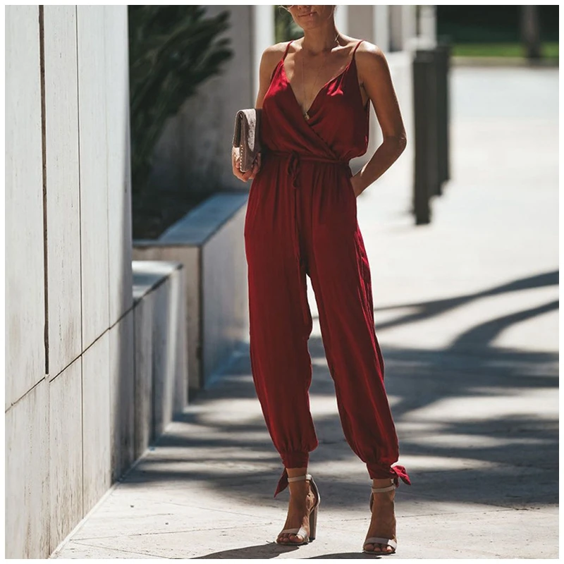 Red Jumpsuit Women Camis V Neck Empire Waist Side Slit Playsuit Summer