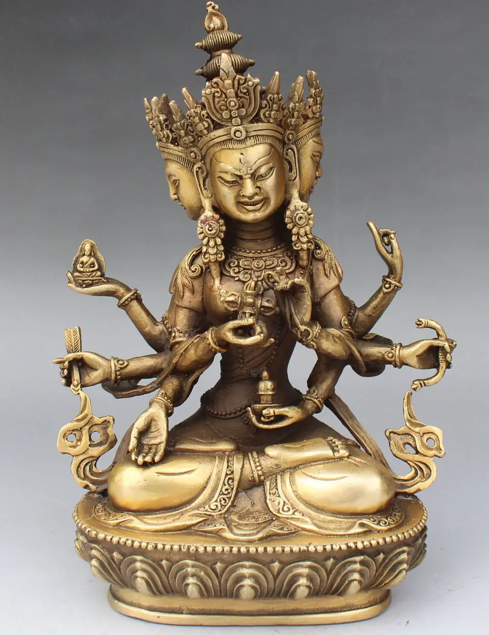 9" Tibet Buddhism Bronze 3 Head 8 Arms Namgyalma & Ushnishavijaya