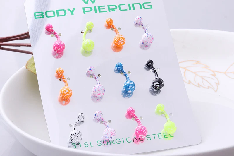 

Sellsets New Fashion 12pcs /lot Multicolor Epoxy Double Ball Stainless Steel Belly Rings Navel & Bell Button Piercing Jewelry