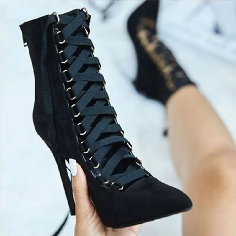 

New Sexy Suede Cross Lace-Up High Heels Women's Casual Pointed-Toed Pumps Fine-Heeled Roman Sandals boots