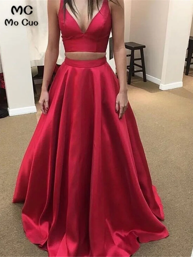 Red-V-Neck-Two-Piece-Prom-Dress,2017-New-Formal-Gown-With-Thin-Straps