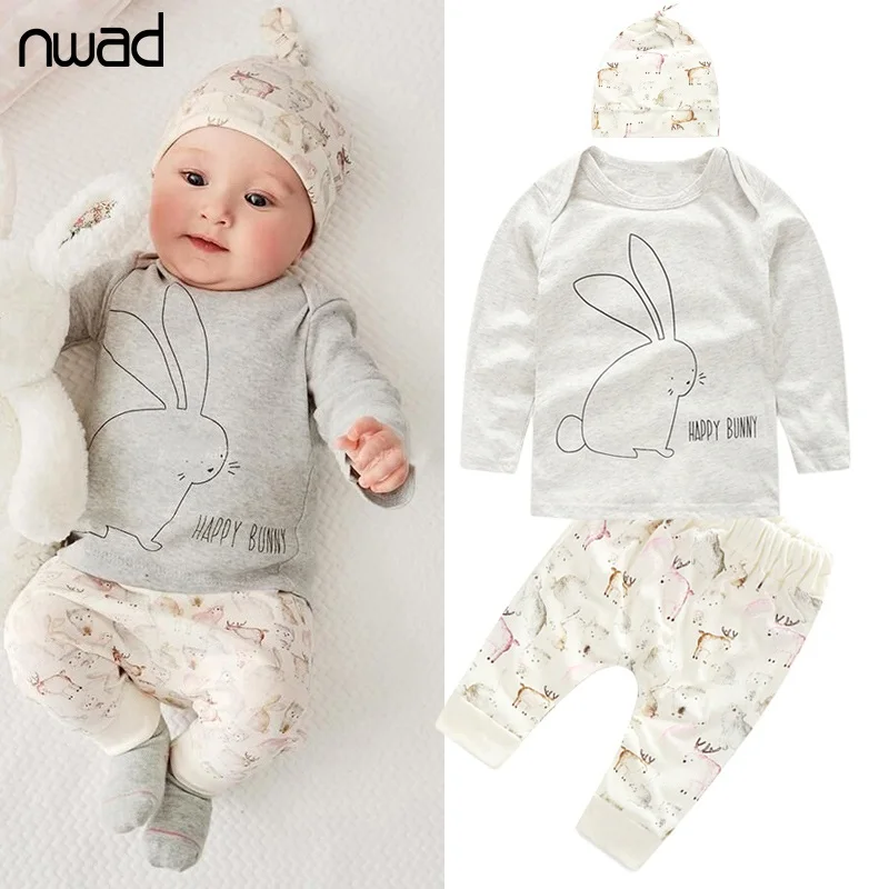 NWAD Newborn Baby Girl Clothes Baby Boys Clothing Sets 2017 Autumn Bunny New Born Long Sleeve T Shirt+Pants+Hat 3pcs Set FF014