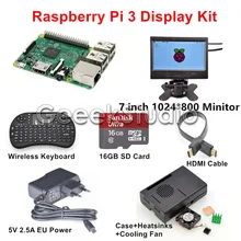 Original Raspberry Pi 3 Display Kit with 7 inch 1024*600 LCD Monitor + 16GB SD Card + 5V 2.5A EU/US/UK/AU Power Supply + Case