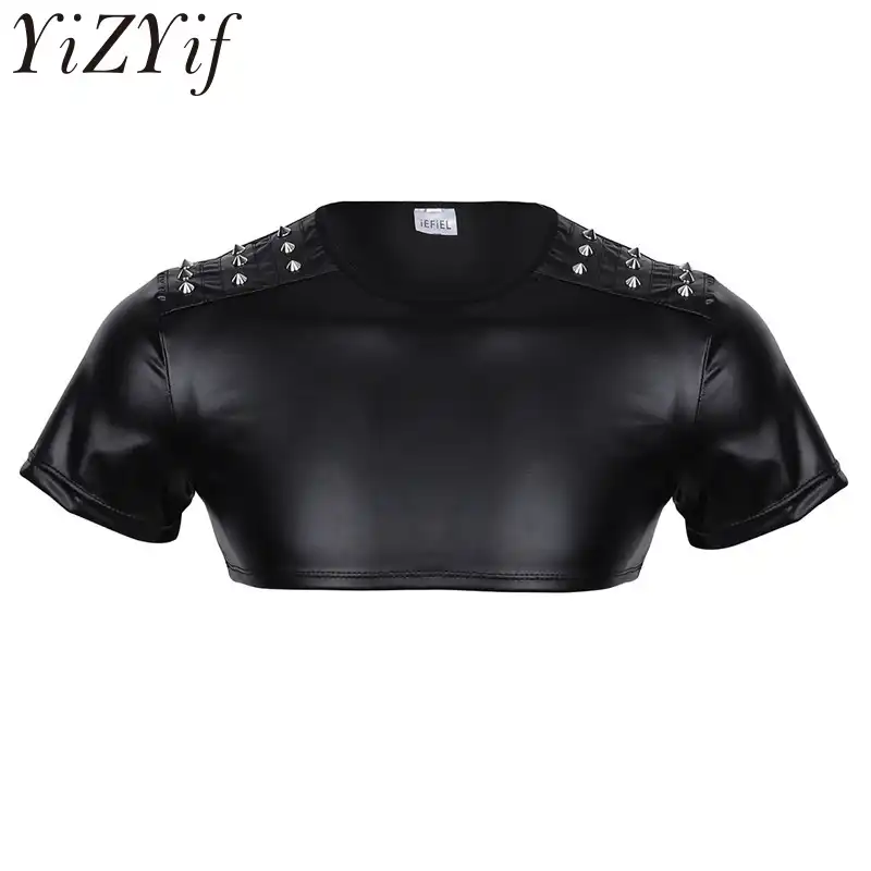 2018 Black Men Faux Leather Long Sleeve Stage Show Half