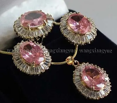 

Women's Faceted Pink Crystal Earrings / Ring / Necklace Pendant Set>AAA GP Bridal wide watc real silver mujer fine quality