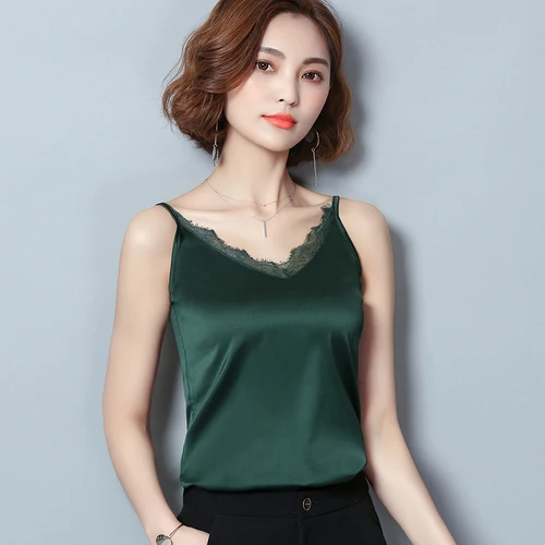 

Stinlicher Silk Top With Lace Elegant Ladies Green Black White Cami Tank Korean Women Tops