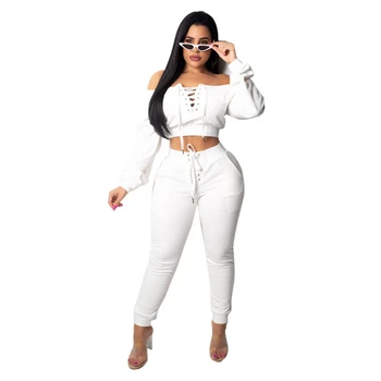 

Women 2 Piece Set Top and Pants Casual Woman Set White Off the Shoulder Lace up Crop Top and Drawstring Pants Set