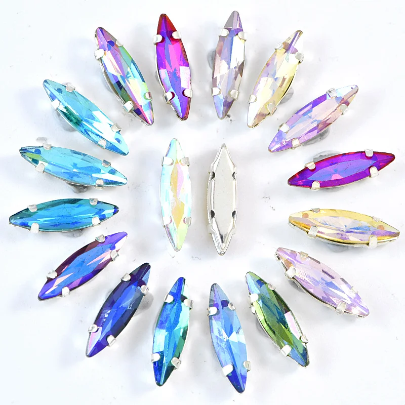 

50pcs 4x15mm Horse Eye Colorful Glass Sew On Rhinestones With Silver Claw Leaf Sew On Claw Rhinestones For Wedding Dress B3758