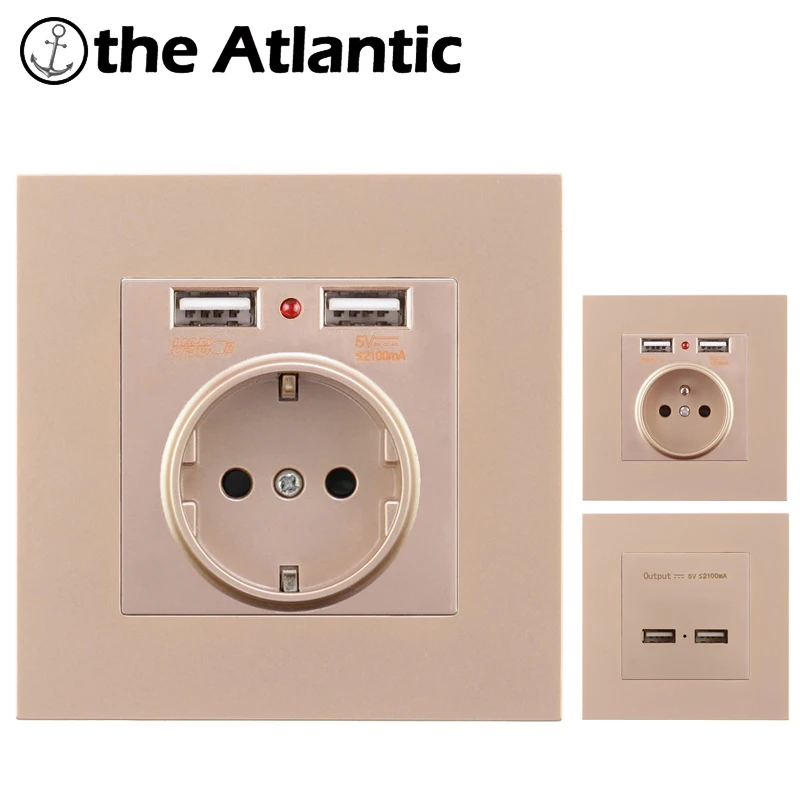 

Dual USB Outlet Port 5V 2.1A Wall Charger Adapter 16A Socket Power Outlet EU France Standard LED Indicator PC Plastic Panel