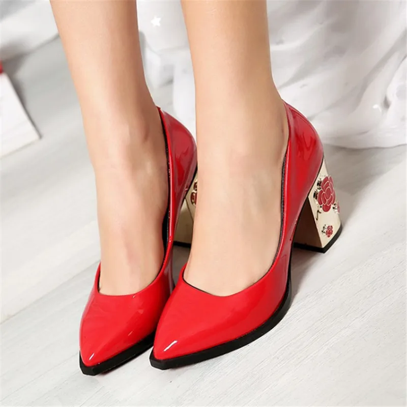 Plus size 34 43 Genuine Leather Women Pumps Flower High Heels Patent