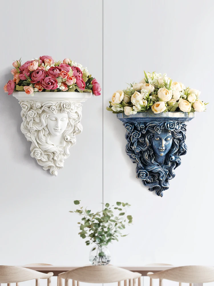 

European retro flower fairy wall hanging vase flower blue creative living room background wall decorative art wall decoration