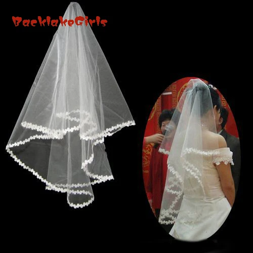 

Top Quality Elegant 1.5 M Long Cheap White/Ivory and red Wedding Veil Cathedral With Lace Edge Veu De Noiva Longo Com Renda 2018