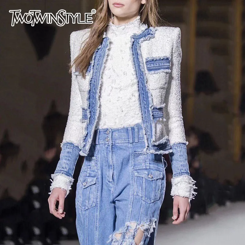 TWOTWINSTYLE Patchwork Denim Jacket For Women O Neck Long Sleeve Short Coat Female Jackets 