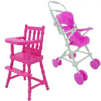 

2 Sets = 1x Pink Assembly Baby Stroller + 1x Cute Furniture Dinner High Chair Accessories For Barbie Doll Sister Kelly DIY Toy