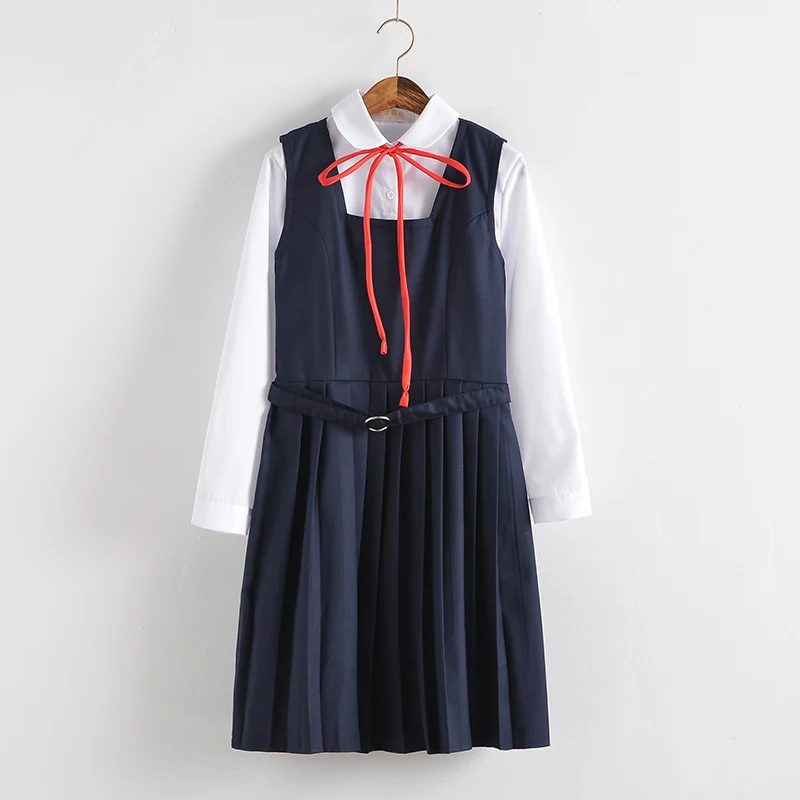 

Women Spring JK High School Uniform Dress Set Girls Preppy Style White Shirt Blouse Top High Waist Vest Tank Pleated Dress