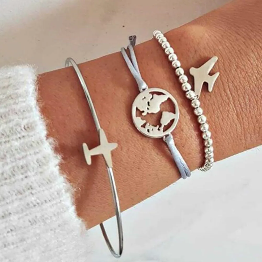 

RONGBIN Korean Airplane Map Charm Bracelets Sets For Women Grey Rope Beads Bracelets Bangles Girls Jewelry Gifts 2019 Fashion