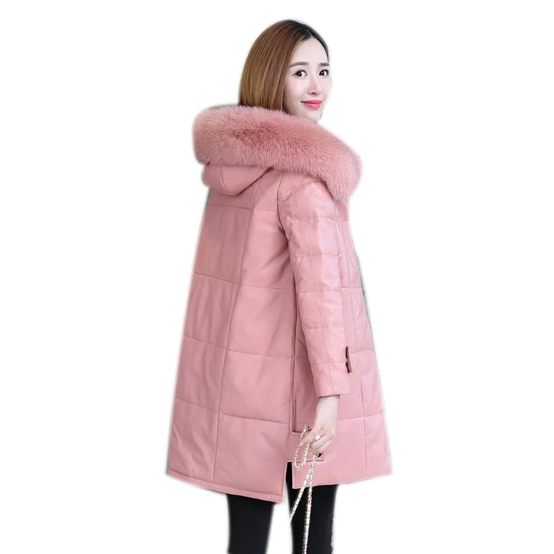 

Genuine Sheepskin Leather Suede Coat Jacket Fox Fur Hoody Autumn Winter Women Warm Outerwear Coats Plus Size 4XL 5XL 6XL LF4261