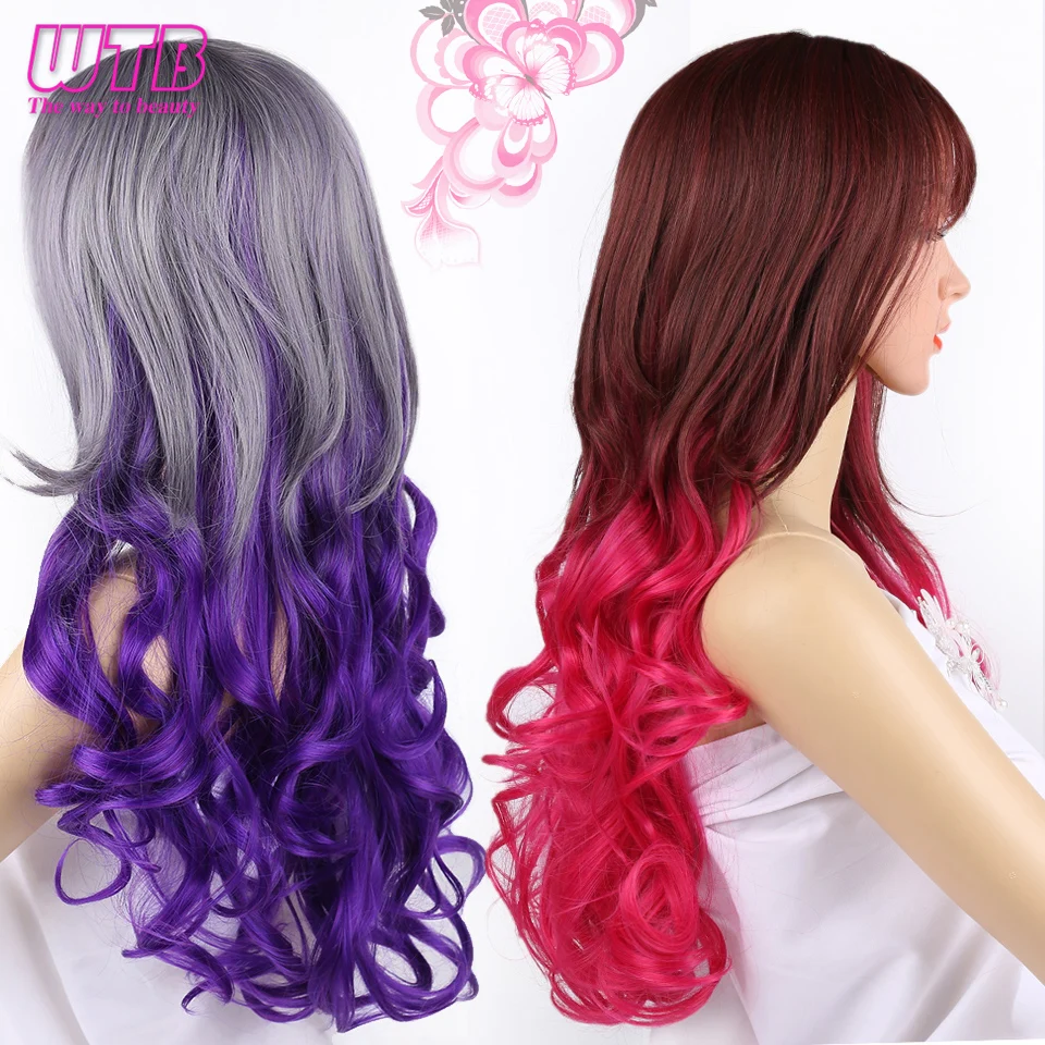 

WTB Synthetic Costumes Party Long Wavy Flat Bangs Wigs for Women Heat Resistant Wigs for African American Christmas Natural Hair