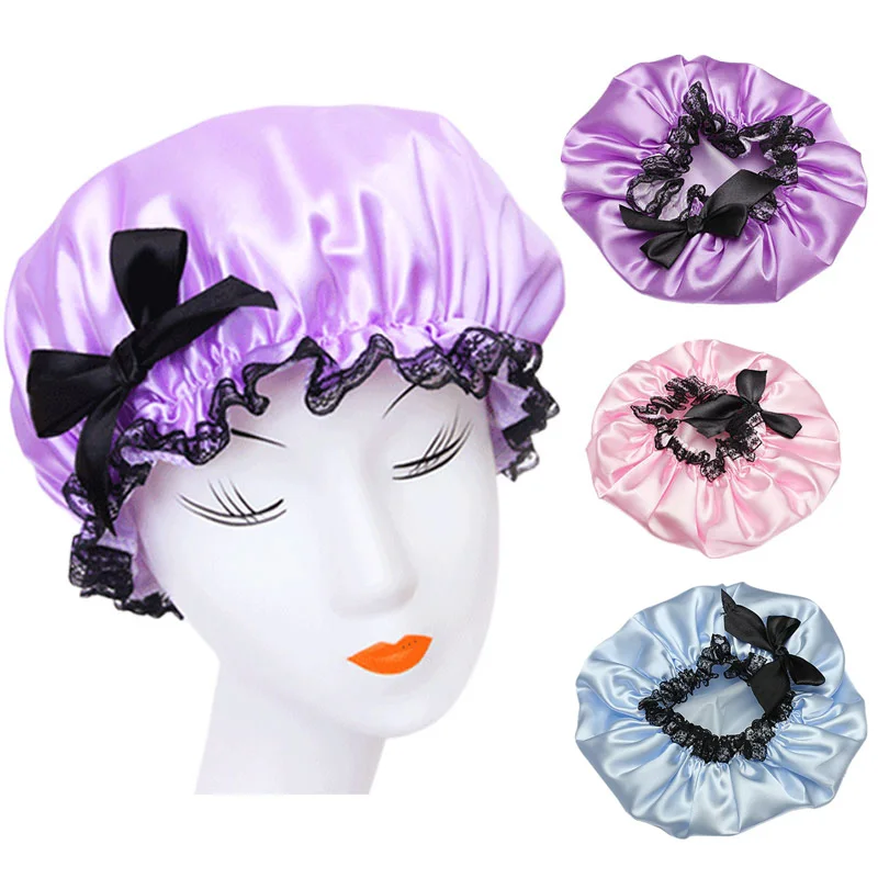 

3Colors Women Waterproof Elastic Lace Shower Bouffant Hair Bath Cap Hat Spa Protect HB88