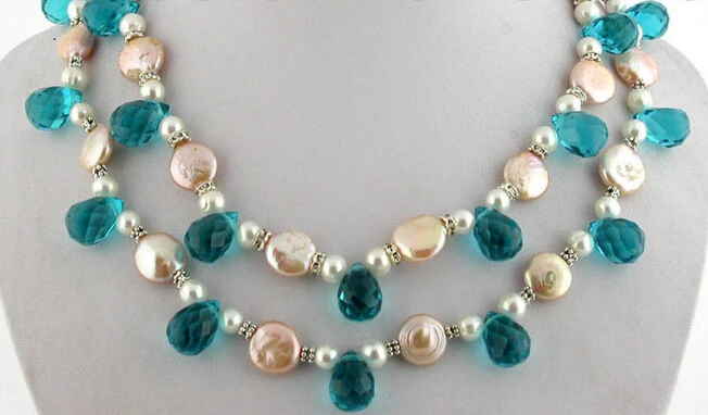 

Jewelr 005975 2row white pink round coin fw pearl blue crystal drip necklace
