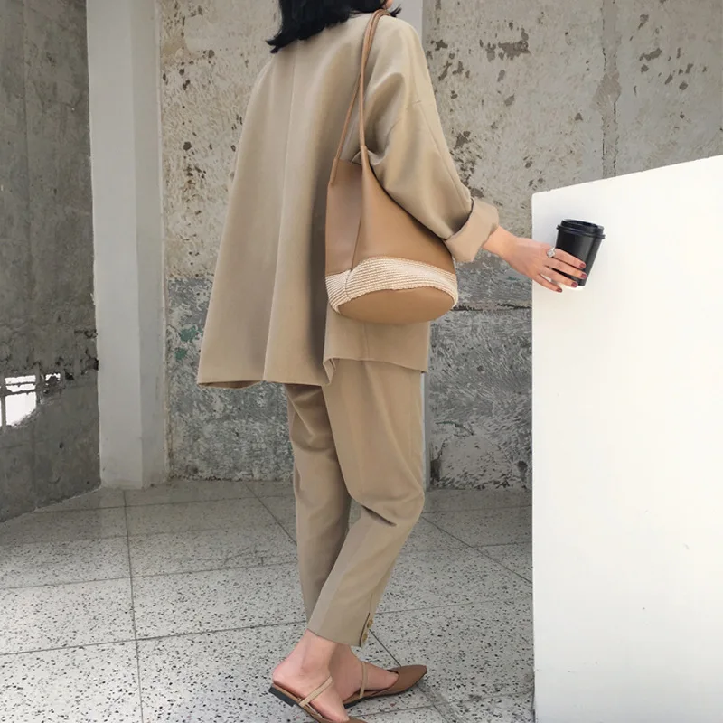 Medium long suit female 2019 spring and autumn new fashion wild loose suit jacket wide leg pants two sets of women's clothes