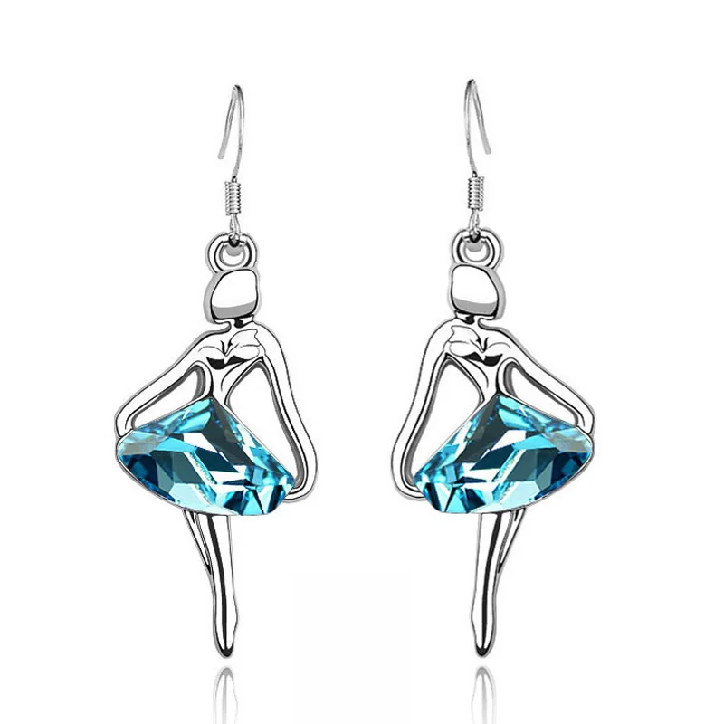 

Silver Plated lovely blue pink crystal drop earings long cute dancer girl fairy dangle earring for women girls jewelry