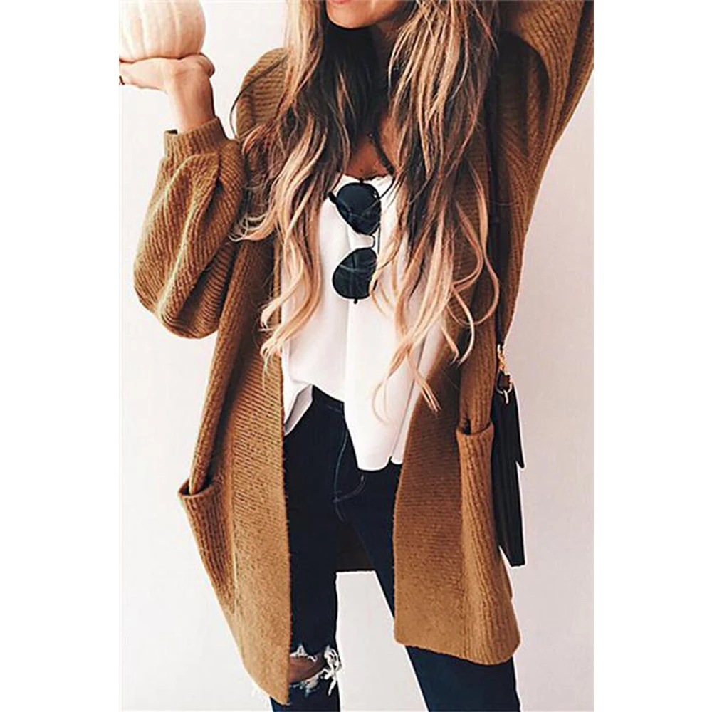 

Daeyard Autumn Winter Women Casual Outwear Long Knitted Cardigan Lady Loose Coat Solid Pocket Design Sweater Open Stitch Jacket