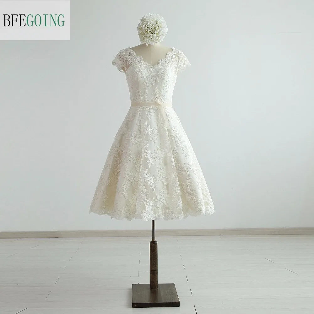 

Ivory Lace V-Neck A-line Wedding Dress Knee-Length Cap Sleeves Real/Original Photos Custom made