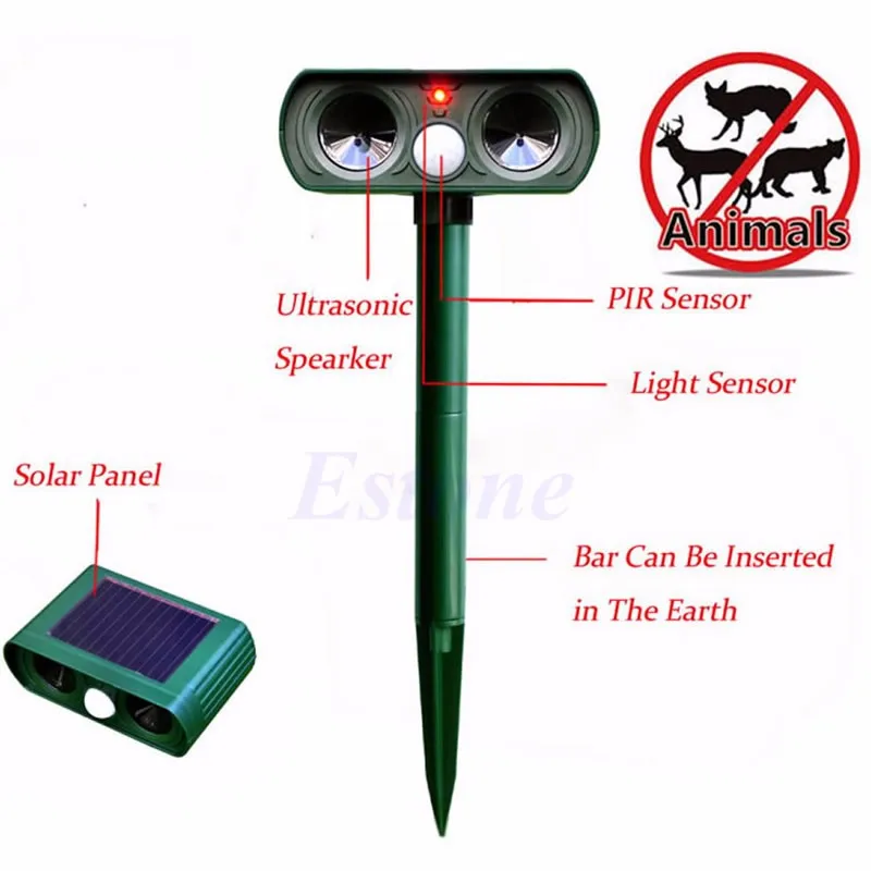 Солнечная энергия двойной ультра звуковой отпугиватель вредителей кошка собака лиса птица животное Deterrent-P101