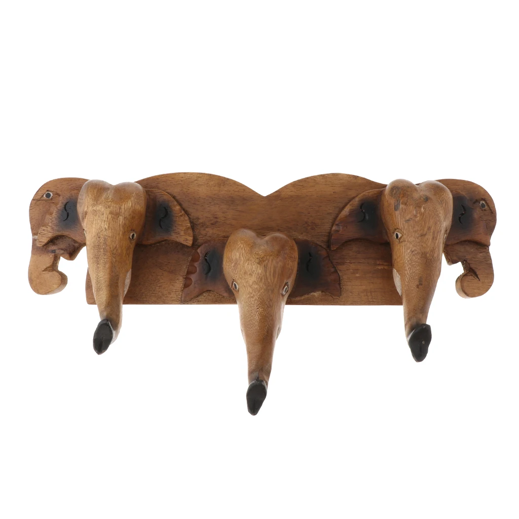 Handmade Creative Wooden Elephant Head Wall Mounted Trunk Hook Hanger Home Decoration