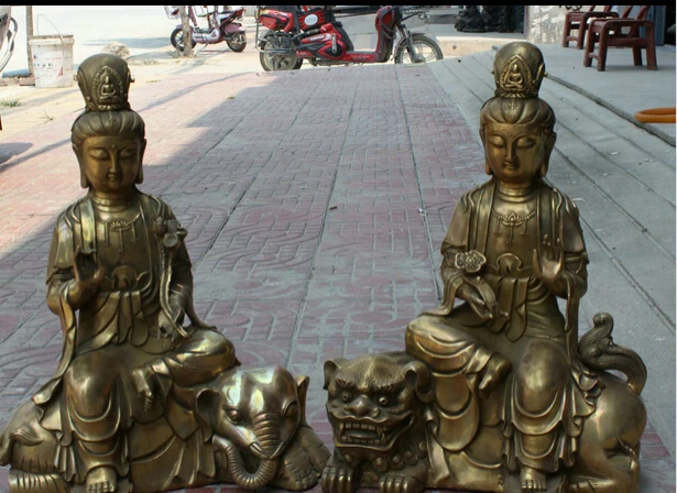 

JP S62 20" Chinese Brass Seat Lion elephant Wenshu Manjushri Goddess Statue Pair Discount 35%
