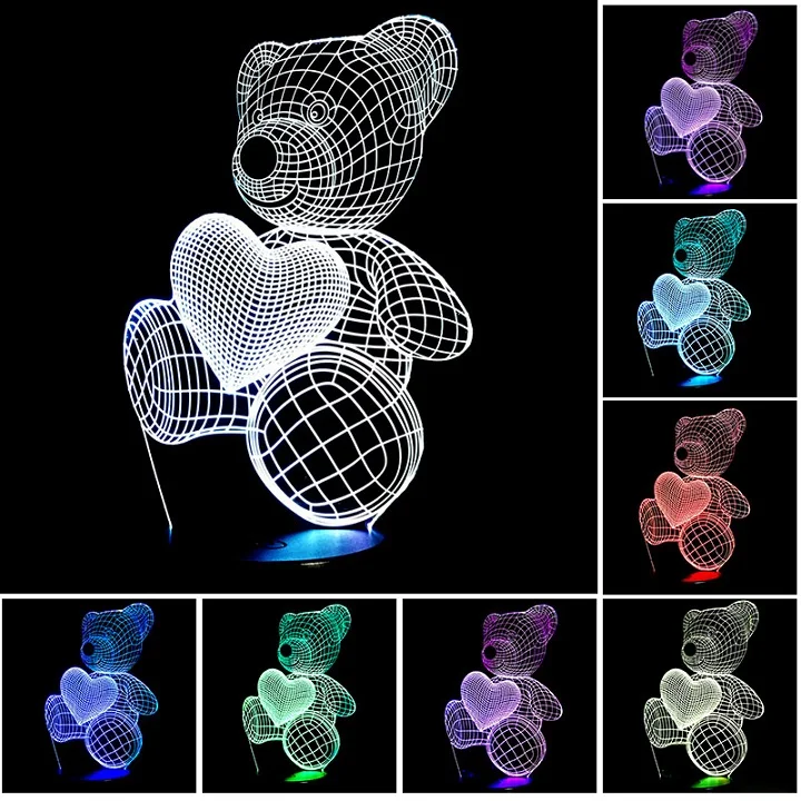 Акриловый светодиодный светильник с милым сердечком и медведем в форме сердца, 3D Детский Ночной светильник, спальный светильник для детей, подарок на день рождения