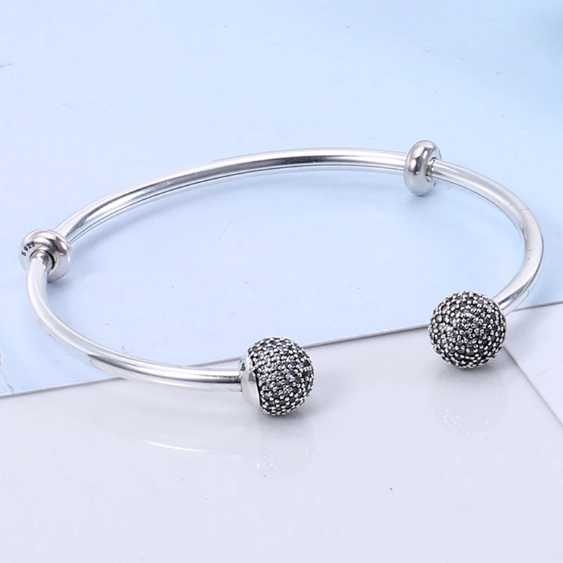 

high quality 100% 925 Sterling-Silver-Jewelry Bangles for Women DIY Jewelry Newest Sparkling Open Bangle Fit Beads Charms dangle