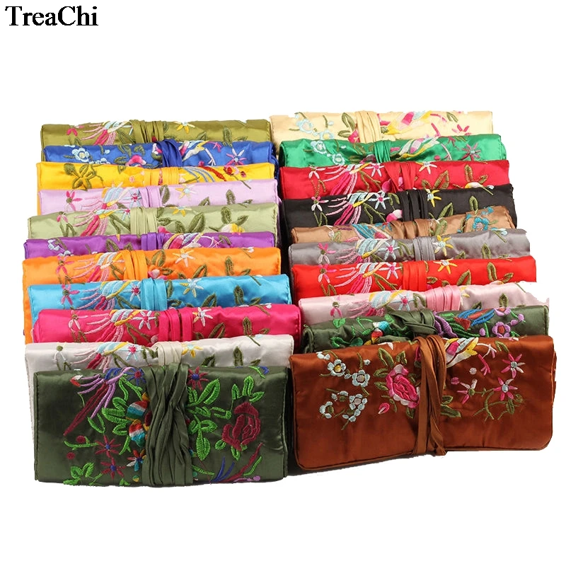 Multifunctional Chinese Wind Silk Jewelry Organizer Pouches Bag Ring Bar 3 Zipper  Silk Embroidery Flower Bird Travel Roll Bag