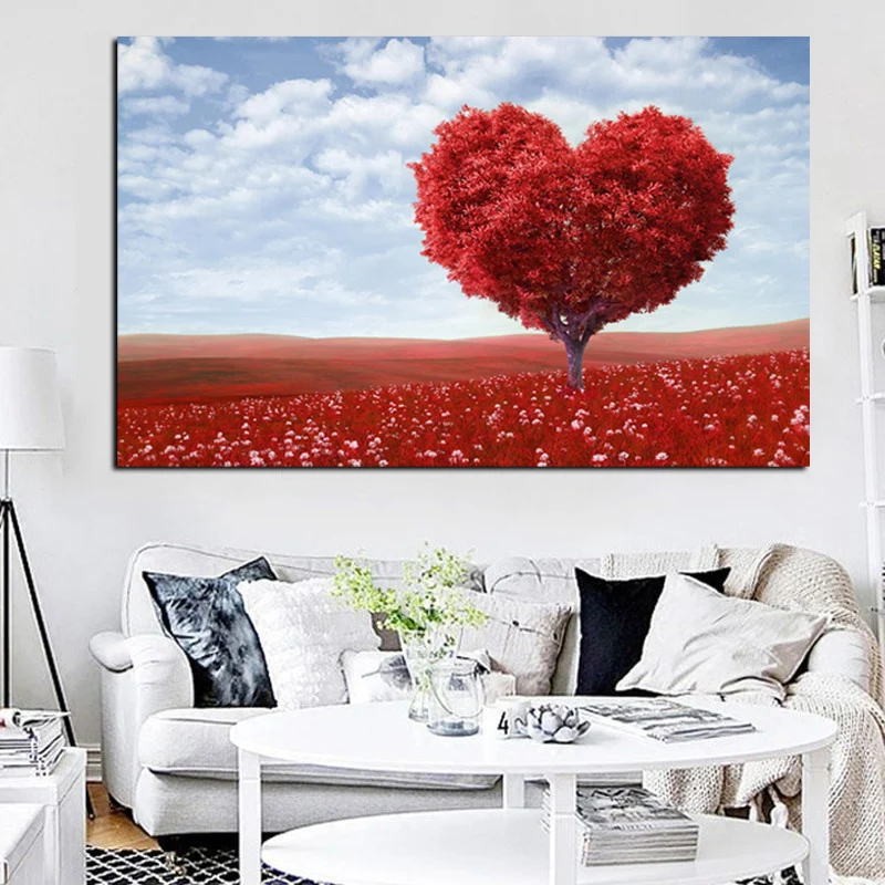 

Love Heart Tree in Sea of Flowers Landscape Oil Painting Print on Canvas Cuadros Wall Picture Modern Art Poster for Living Room