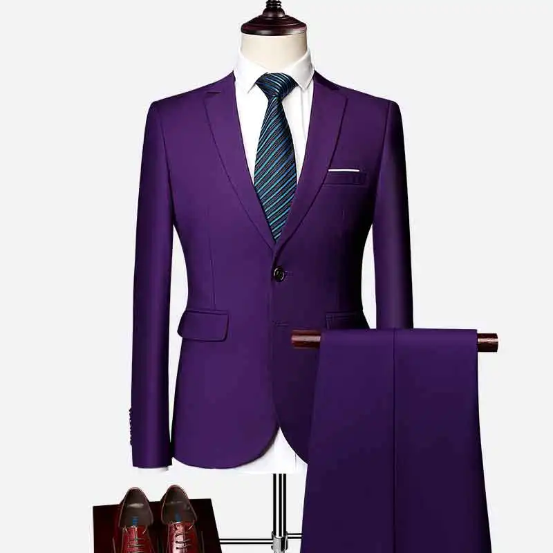 Мужские костюмы азиатского размера s, 10 цветов, одноцветные, формальные, деловые, смокинги, мужские, 2 предмета, повседневные, Terno, свадебные, вечерние, мужской костюм, приталенный - Цвет: Фиолетовый
