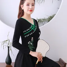 Китай, Юннань, Национальный Ветер, осенняя женская рубашка, китайский ветер, Женская Облегающая рубашка с пряжкой, винтажная вышитая Футболка с длинными рукавами