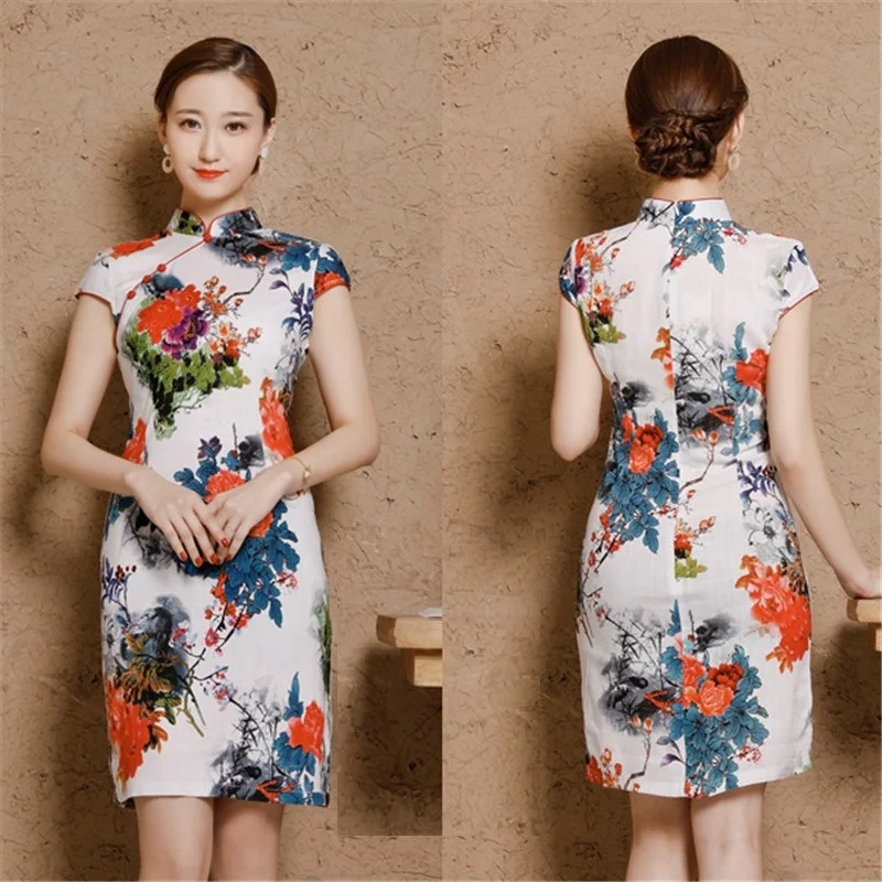 Women Linen Cotton Shanghai Plus Size Cheongsam Qipao Dresses XXXL 4XL 5XL Summer Short Chinese Traditional Printing Elegant  (10)